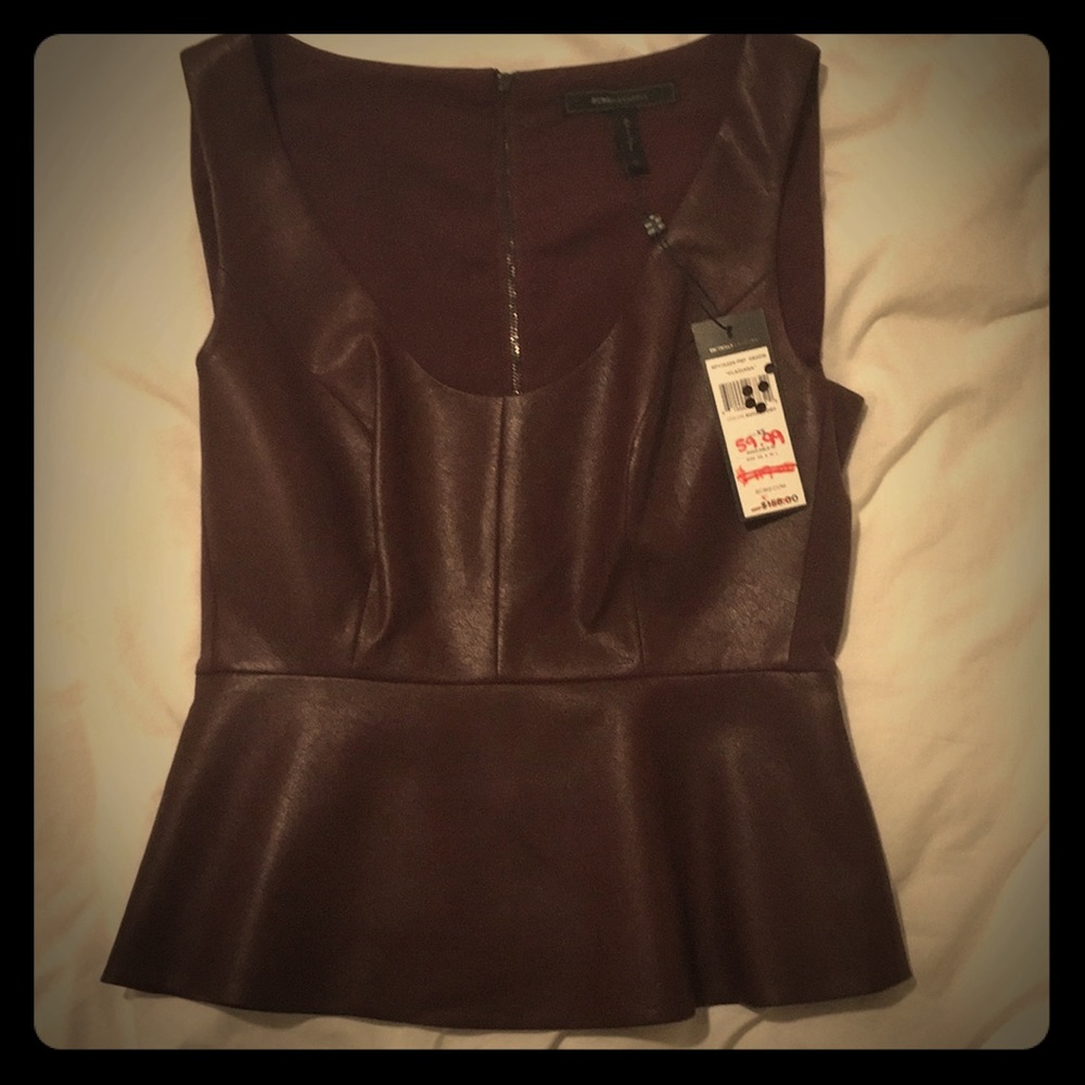 BCBG Deep red leather peplum top